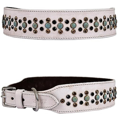 Genuine Leather ‘Cupola’ Series White Dog Collar | Rhinestone | Soft, Cushion Padding, Handmade | Best for Medium, Large, XL Breeds(XL (Neck Size 22.5"-25.5"), White, Antique Copper Conchos) - color: White, Antique Copper Conchos, size: XL (Neck Size 22.5