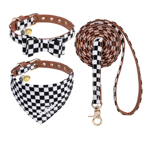 PUPTECK Dog Collar and Leash Set - 3 Pack Adjustable Pet Bandana Collars with Bow Tie and Bells, Soft Leather for Small Dogs Puppies and Cats Accessories, Black & White Checkered - color: Black, size: S [Collar 9.4-11.8"]