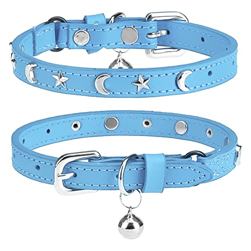 Leather Cat Collars for Boy Girl Cats with Bell and Safety Elastic Belt, Personalized Star and Moon Stud Adjustable Safe Buckle Collar for Kitty Small Big Cats Size 7-9 Inch, Light Blue - color: Light Blue_Star & Moon, size: 7"-9" For Cats(Pack of 1)