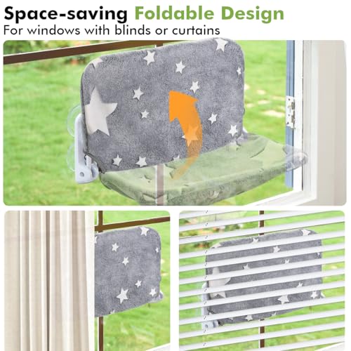 Zoratoo Cat Window Perch, Glow in The Dark Cordless Foldable Pet Hammock Bed for Window with Sturdy Metal Frame, Glowing Stars Pattern Resting Seat for Indoor Cats (Stars - M)