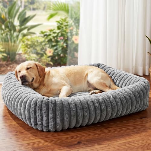 Dog Beds Large Sized Dog, Washable Self Warming Dog Cat Bed Rectangle Orthopedic Large Pet Sofa, Super Soft Plush Rabbit Fur Pet Couch Cute Cat Bed with Removable Zipper Cover & Anti-Slip Bottom - size: 36*28*8 inches