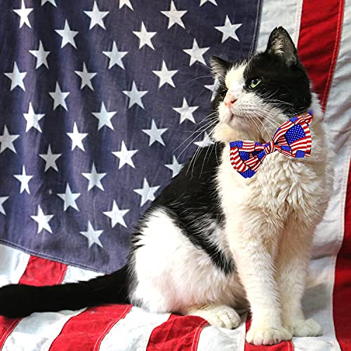 4th of July Cat Bow Tie Collar with Bell, Independence American Holiday Kitty Kitten Patriotic USA Flag Collars for Boys Girls Male Female Cats - color: Pattern 2