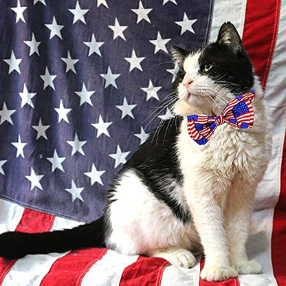 4th of July Cat Bow Tie Collar with Bell, Independence American Holiday Kitty Kitten Patriotic USA Flag Collars for Boys Girls Male Female Cats - color: Pattern 2