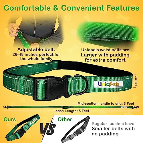 Hands-Free Leash for Small to Large Dogs 5ft - Heavy Duty Adjustable Waist Belt, Padded Handles, Reflective Stitching, Satin Carry Bag for Walking, Running, Hiking - color: Green