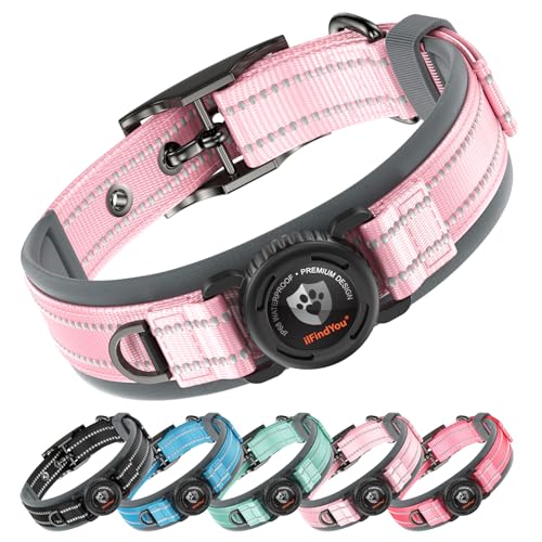 Dog Collar with Airtag Holder for XLarge Dogs, Upgraded Waterproof Air Tag Dog Collar Widened Comfortable Padded, Reflective, Ultra-Durable, Heavy Duty Dog Collars Adjustable - XL(24" - 28") Pink - color: Pink, size: XL: 24 - 28"