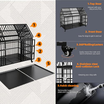 58 inch Heavy Duty Indestructible Dog Crate, New Upgraded Reinforced for Large Dogs,XXL Dog Crate for High Anxiety Dogs/Max Load Capacity 250lbs/Double Door with Wheels - size: 58''