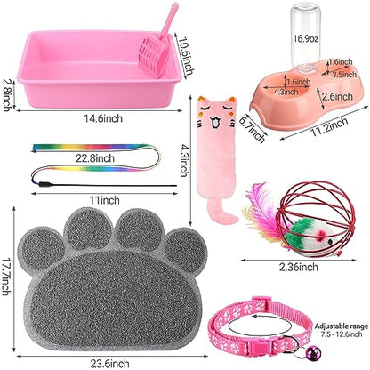 7 Pcs Small Cat Kitten Starter Kit - Litter Box, Paw Mat, Double Bowls, Toy Teaser Stick, Collar - Essentials Kit for 1-3 Lbs Beginner (Pink)