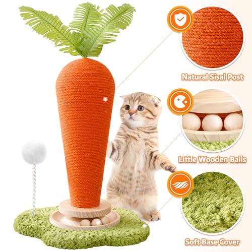 Cute Cat Scratching Post, Carrot Cat Scratcher Post with Durable Natural Wooden Turntable Toy and Catnip, 24'‘ H Carrot Shape Design Sisal Cat Tree Sisal Scratcher for Indoor Cats (Cloud Base) - color: Carrot