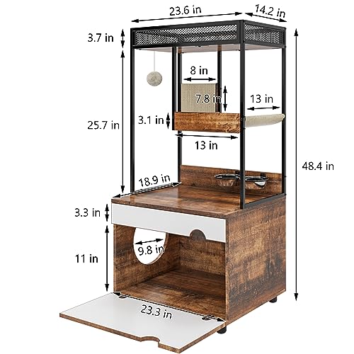 Cat Litter Box Enclosure Cat House Cat Washroom Furniture Cat Cabinet with Storage Shelf, Cat Tree Tower, White+Vintage