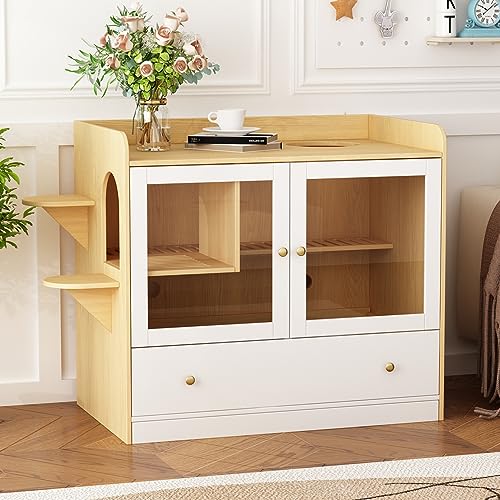 Extra Large Cat Litter Box Enclosure Furniture Hidden, Cat Condo Cabinet Pet House with Stairs for 2, Nightstand Side Table witha Large Drawer for Living Room, Natural - color: Burlywood