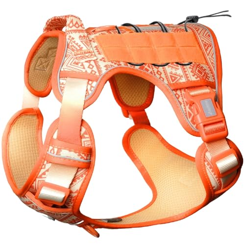 AUROTH Tactical Dog Harness for Large Dogs No Pull Adjustable Pet Harness Reflective K26 Working Training Easy Control Pet Vest Military Service Dog Harnesses - color: Tribal Patterns-Orange, size: S(Neck:14-21",Chest:20-31"),18-35 lbs