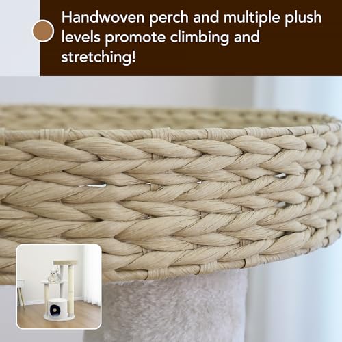 PetPals 4-Level Multi-Activity Cat Tree with Base Condo,Handwoven Paper Rope Top Nest Bed, Replaceable Sisal Scratching Posts,Teaser Toy (Cream and Beige) - color: Cream and Beige