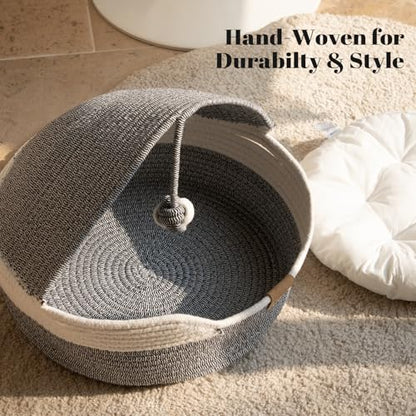 Cat Basket Bed with Washable Cushion and Ball Rope Cotton, Covered Pet Bed for Indoor Cats Cave Bed Hooded, Stimulicat Cat Bed Handwoven Breathable, All Season Universal(Blue) - color: Blue