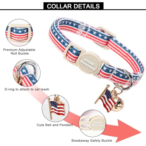 Unique style paws 2 Pack Independence Kitten Collar Breakaway with Bell&Pendant, Adjustable Safety Striped Star Flag Cat Cotton Collar for Girl Boy Cat and Small Pet - color: Striped Star Flag