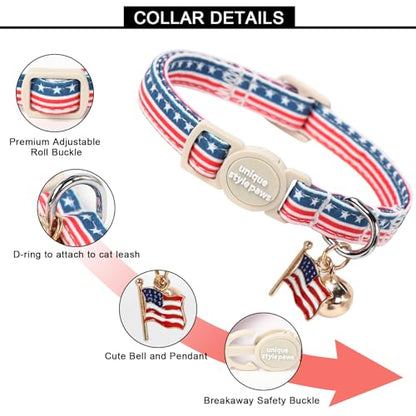 Unique style paws 2 Pack Independence Kitten Collar Breakaway with Bell&Pendant, Adjustable Safety Striped Star Flag Cat Cotton Collar for Girl Boy Cat and Small Pet - color: Striped Star Flag