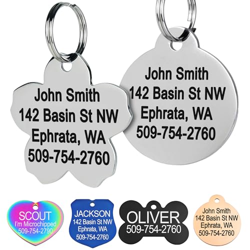 GoTags Stainless Steel Pet ID Tags, Personalized Dog Tags and Cat Tags, up to 8 Lines of Custom Text, Engraved on Both Sides, in Bone, Round, Heart, Bowtie and More (Flower, Regular (Pack of 1)) - size: Regular (Pack of 1), style: Flower