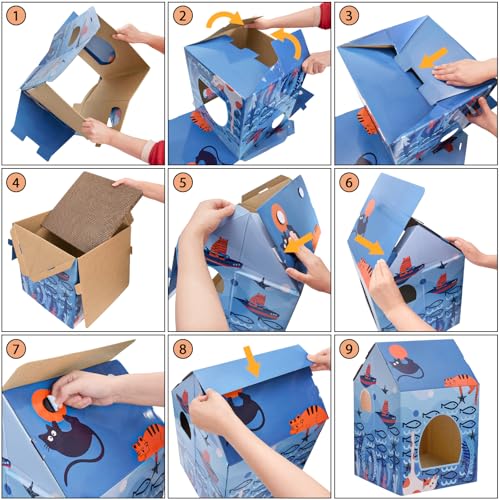 Lawei 2 Pack Cardboard Cat Houses with Scratch Pads, Sturdy Cats Play Scratching House for Indoor Hideaway Furniture, Cute Scratching Box Toy for Cat Birthday, Bunny Small Pet Bed, Easy Assembly