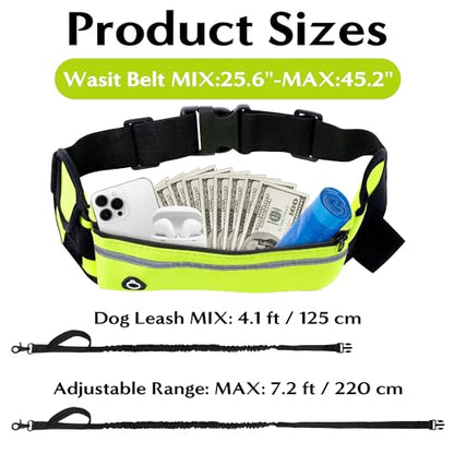 Hands Free Dog Leash - Waist Running Leashes with Zipper Pouch, Adjustable Reflective Waist Belt, Dualc Handle Retractable Bungee for Small Medium Large Dogs Walking Jogging (Green 4.1-7.2ft) - color: Green