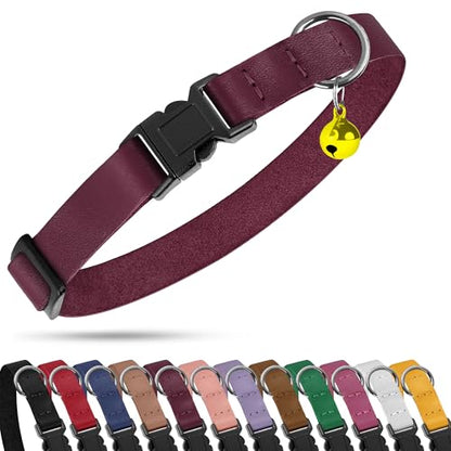 Breakaway Cat Collar with Bell - Leather Adjustable Kitten Collars with Safety Quick Release Buckle - Soft Small Pet Collars for Girl & Boy Cats (Burgundy) - color: Burgundy