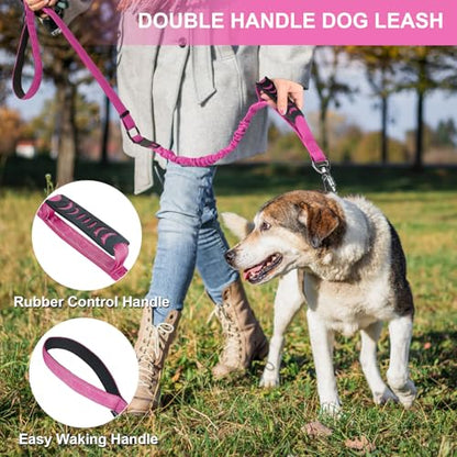 Heavy Duty Dog Leash for Medium Large Dogs that Pull,4-6FT Shock Absorbing Bungee Tactical Dog Leash with Control Padded Handle and Car Seatbelt, Reflective Lead for Walking Training,Pink - color: Pink