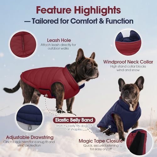 QBLEEV Reversible Dog Coat for Medium Dogs, Waterproof Windproof Winter Jacket Keeps Dogs Warm in Snow, Adjustable Hook & Loop Lightweight Dog Puffer Vest, Wine Red, L – Fits French Bulldog - color: Date-Red, size: Large