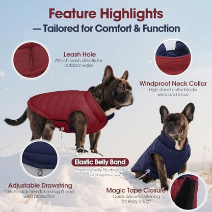 QBLEEV Reversible Dog Coat for Medium Dogs, Waterproof Windproof Winter Jacket Keeps Dogs Warm in Snow, Adjustable Hook & Loop Lightweight Dog Puffer Vest, Wine Red, L – Fits French Bulldog - color: Date-Red, size: Large