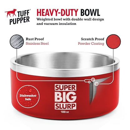 Tuff Pupper Heavy Duty Insulated Dog Bowl | Double Wall Stainless Steel Dog Food Dish | Non-Slip Spill Proof Dishwasher Safe Cat Bowl | Water Dish for Feeding Large Medium Small Pets (188oz, Red) - color: Crimson Red, size: 188oz