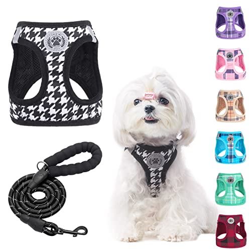 BEAUTYZOO Small Dog Harness and Leash Set,Step in No Choke No Pull Soft Mesh Dog Harnesses Reflective for Extra-Small/Small Medium Puppy Dogs and Cats, Plaid Dog Vest Harness for XS S Pets, Black XXS - color: Houndstooth(Black), size: XX-Small(Chest Girth