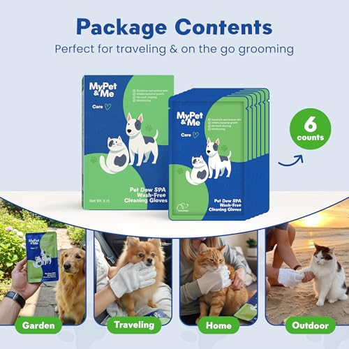 My Pet & Me Pet Glove Wipes for Dogs & Cats, Hypoallergenic No-Rinse Grooming with Olive & Jojoba Oil, Deodorizing Dog Bath Gloves & Lick-Safe Cat Wipes for Paws, Face, Ears, 6 Count Travel Pack