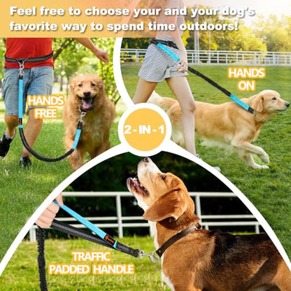 Laqibak Hands Free Dog Leash, Adjustable Waist Leash for Dog, Handle Bungee 4.2-6.7 Feet Long with Reflective Stitches for Walking Hiking Running, Fits 26"- 43" Waist, Black & Blue - color: Black+Blue