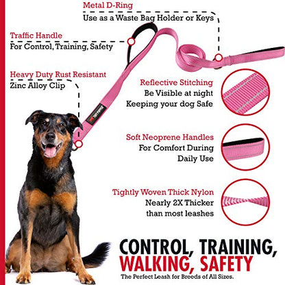 Tuff Pupper Heavy Duty Double Handle Leash | Twist Locking Carabiner Clip | Safety Lock for Strong Dogs | Reflective for Safe Night Walks | 6 Foot Leash for Medium & Large Dogs - color: Hot Pink