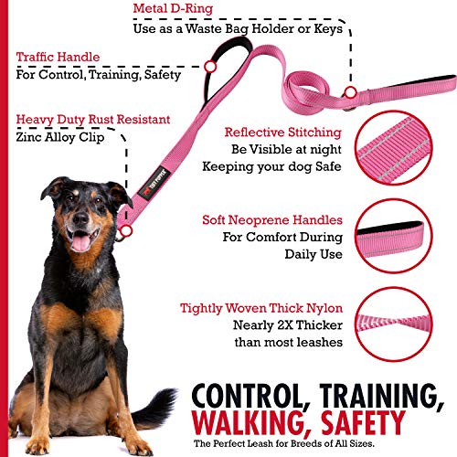 Tuff Pupper Heavy Duty Double Handle Leash | Twist Locking Carabiner Clip | Safety Lock for Strong Dogs | Reflective for Safe Night Walks | 6 Foot Leash for Medium & Large Dogs - color: Hot Pink