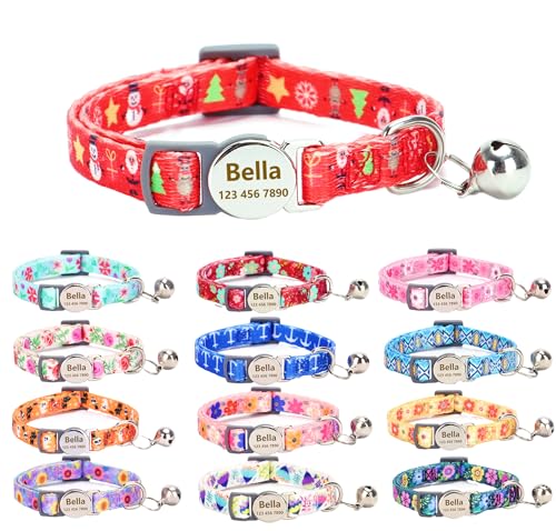 Custom Personalized Breakaway Christmas Kitten Cat Collar with ID Name Phone Number Tag Plate/Customized Engraved Floral Pattern Boy Girl Cat Kitten Collar with Bell-Christmas Style - color: Christmas Style