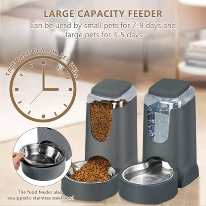 Automatic Cat Feeder and Water Dispenser with Stainless Steel Bowl Dog Gravity Food Feeder and Waterer for Small Medium Pets Puppy Kitten 1 Gallon x 2 - color: Charcoal gray（3.8L*2）