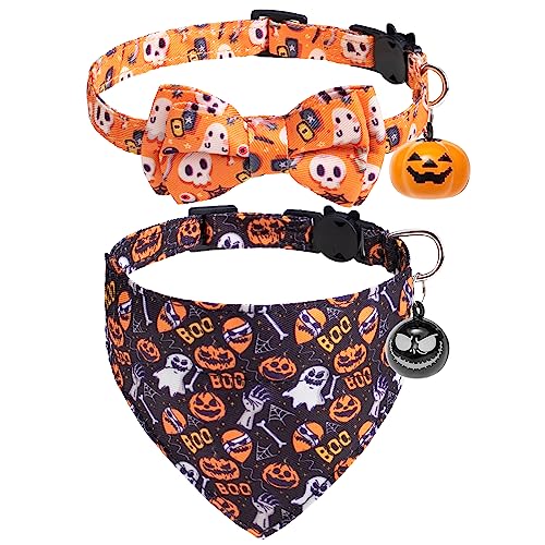 EXPAWLORER Halloween Cat Collar Breakaway with Removable Bowtie and Bandana, Adjustable Holiday Cute Kitten Collar with Pumpkin Bell, Ideal Festival Decoration Gift for Cats Puppies, 2 Pack - color: Halloween