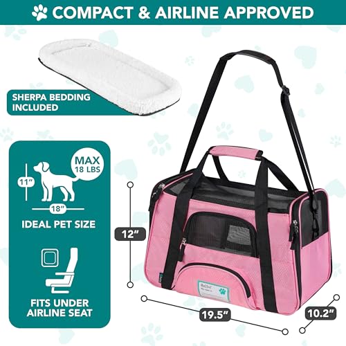 PetAmi Airline Approved Pet Carrier for Cats & Small Dogs, Soft Sided TSA Travel Carrier Bag with Sherpa Bed, Breathable Mesh Ventilation, Collapsible Bowl, Fits Under Seat, Up to 18 lbs, Large Pink - color: Pink, size: Large - 19.5"L x 10.2"W x 12"H