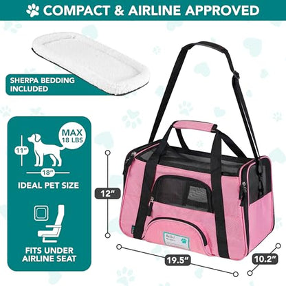 PetAmi Airline Approved Pet Carrier for Cats & Small Dogs, Soft Sided TSA Travel Carrier Bag with Sherpa Bed, Breathable Mesh Ventilation, Collapsible Bowl, Fits Under Seat, Up to 18 lbs, Large Pink - color: Pink, size: Large - 19.5"L x 10.2"W x 12"H