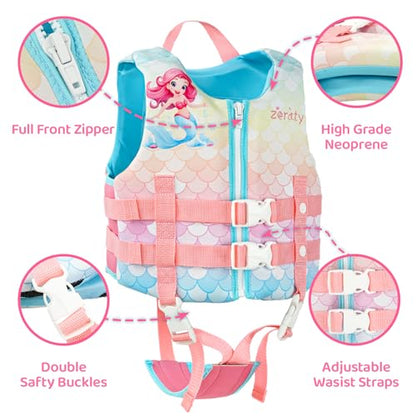 Toddler Swim Vest Neoprene Kids Float Jacket Swimming Aid for Children Girls and Boys 20-30-40-50-60-70-80Lbs with Dual Adjustable Safety Straps - color: Mermaids, size: L(Age Recommend 6-9 Years)
