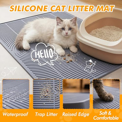 Extra Large Cat Litter Mat 47" x 35" Silicone Litter Trapping Mat for Scatter Control, Catcher for Kitty Litter, Non-Slip Waterproof Floor Protector, Easy to Clean, Gray