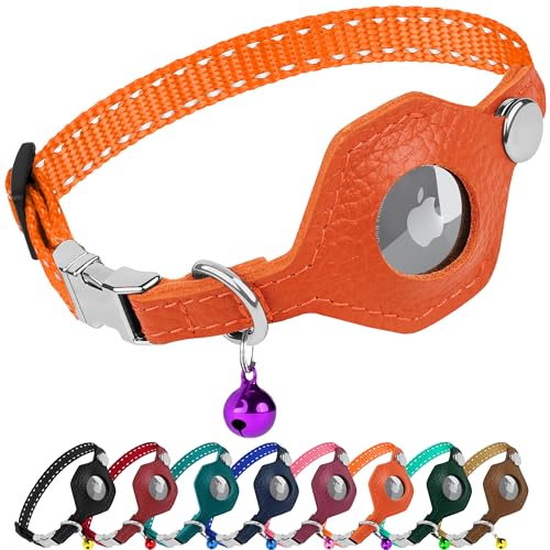 Reflective AirTag Cat Collar with Metal Buckle - Leather Soft Non Breakaway Cat Collars with Apple Air Tag Holder and Bell - Tracking GPS Secure Pet Collars for Cats Kitten Puppy (Orange) - color: Orange