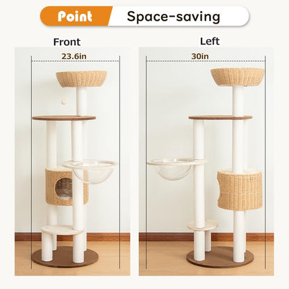 Modern Cat Tree for Large Cat, 57-Inch Tall Cat Tower with Scratching Post for Indoor Cats, Multi-Level Cat Condo with Hand-Woven Cat Bed and Acrylic Bowl Easy to Clean (Y909) - color: Brown Y909