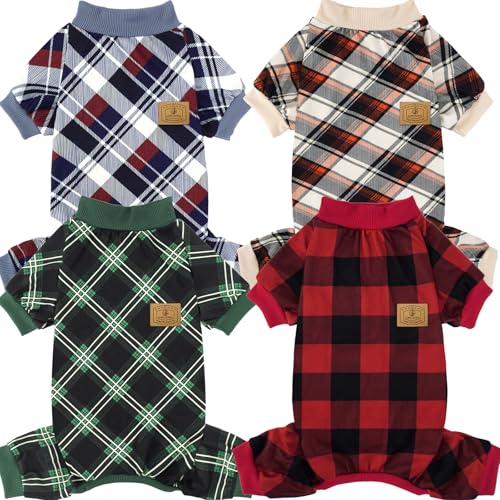 XPUDAC 4 Pack Dog Pajamas for Small Dogs Cats Plaid Doggie Clothes Puppy Onesies Christmas Pajamas Jumpsuits Pet Pjs Shirt Apparel Medium, Red Green Beige Grey - size: Medium(Chest-16" Back-12" Neck-10.2")