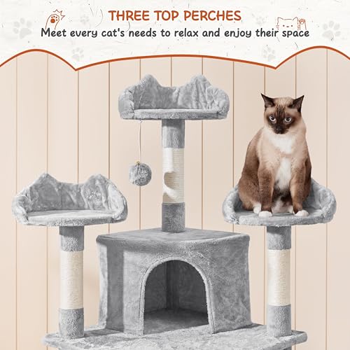 Yaheetech 76.5in Multi-Level Large Cat Tree, Big Cat Tower with 3 Condos, Cozy Plush Perches, 9 Sisal Scratching Posts and Ladder, Activity Center for Large Kitties, Light Gray - color: Light Gray