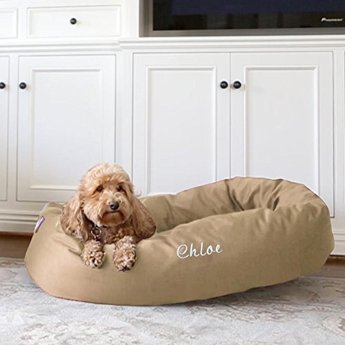 Majestic Pet Personalized Calming Dog Bed - 32 Inch Bagel Washable Cozy Soft Round With Spine Support - Fluffy Donut 32x23x7 (Inch) Medium Khaki - color: Khaki, size: Medium