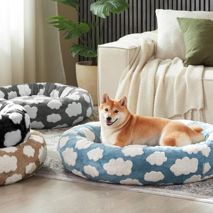 JOEJOY Donut Large Dog Bed, Cute Round Calming Dog Bed with Removable Washable Cover, Orthopedic Pet Beds with Jacquard Shaggy Plush & Non Skid Bottom, Black - color: Blue, size: L (36x36x10)