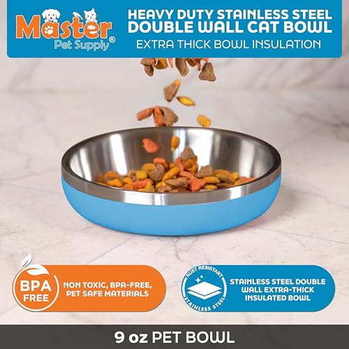 Master Pet Supply Stainless Steel Cat Bowls - 9 oz Heavy Duty - True Blue, Double Wall Extra-Thick Insulated, Non-Slip Pet Water Bowl for Cats & Pets, Anti Rust Metal, Dishwasher Safe - color: True Blue