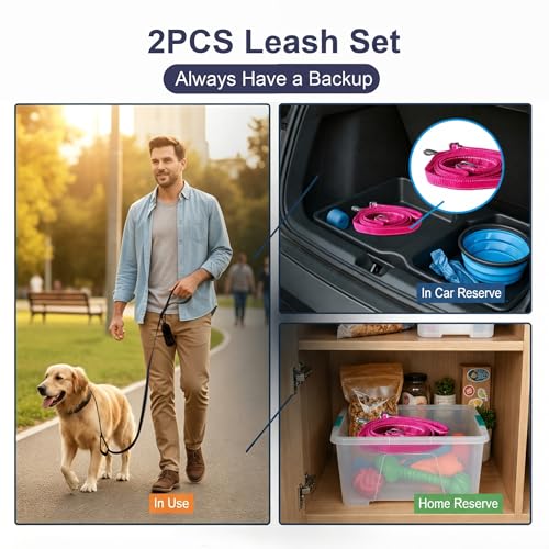 2 Pack Dual Handle Dog Leash, 6ft x 1in Heavy Duty Reflective Nylon Leash with Padded Grip, Traffic Handle, D-Ring, Tangle-Free Dog Lead for Small, Medium & Large Dogs, Safe Night Walks (Black+Rose) - color: 2PCS-Black+Pink