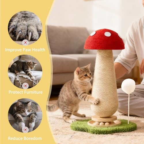Mushroom Cat Scratcher Tower, Interactive Ball Track Spring Ball Cat Scratching Post, Sisal Kitty Activity Center for Indoor Cats & Kittens, Sturdy Wide Base 25.2 Inch - Red