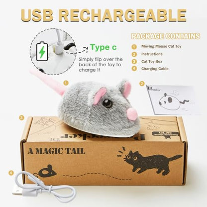 Cat Toys Squeaky Rechargeable Moving Mouse with Dynamic Magic Tail, Automatic Self Play Mouse Interactive Cat Toy for Indoor Cats, Electric Motion Activated Mice Toys for Kitten(Gray) - color: Grey