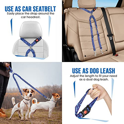 Lukovee Double Dog Seat Belt, New Dual Pet Car Headrest Restraint Safety Seatbelt No Tangle Dog Leash Duty Adjust Elastic Bungee Puppy Lead Splitter Connect Harness in Vehicle Travel for 2 Dogs (BL) - color: Blue Paw